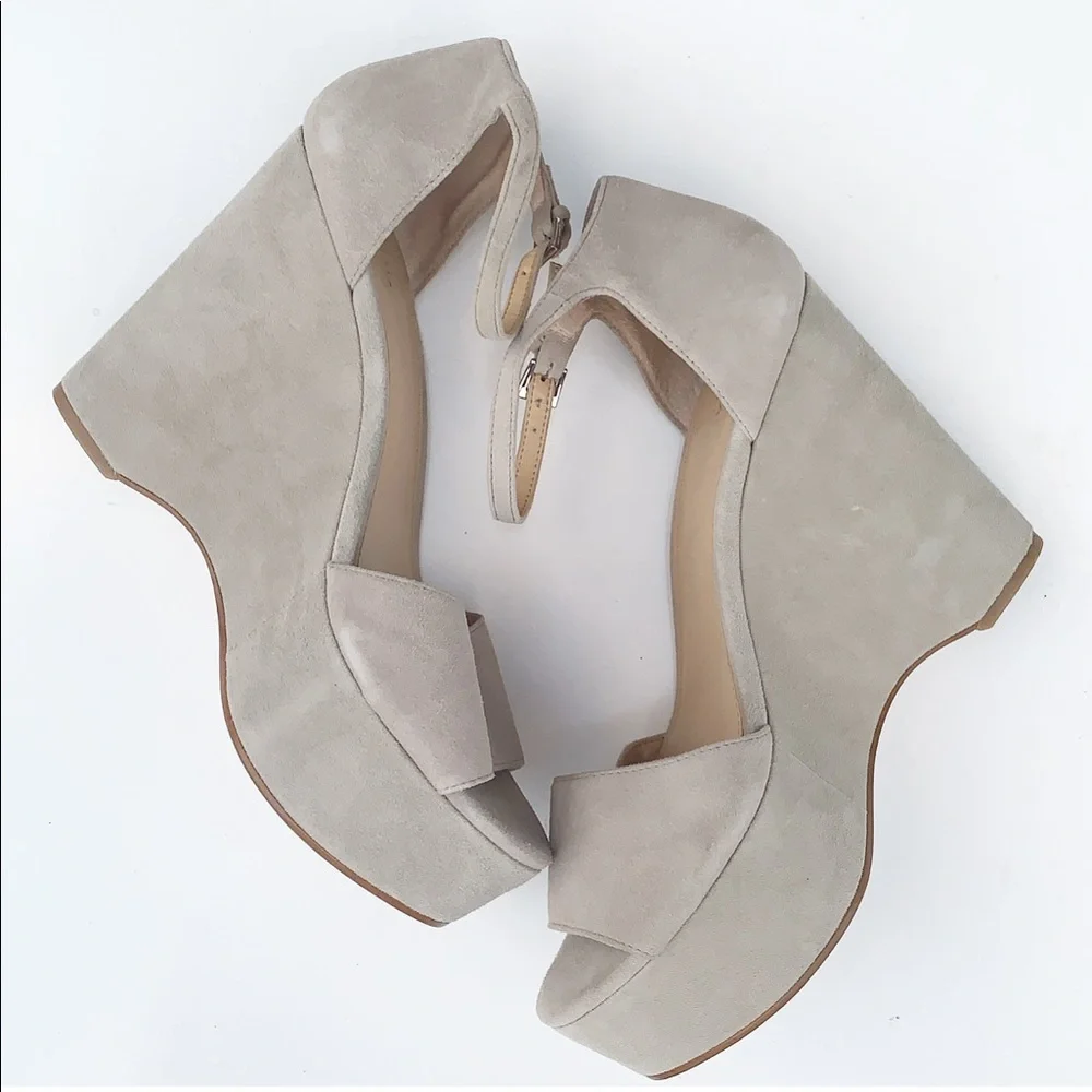 Women's Gray Suede Platform Wedge Sandals with Ankle Strap